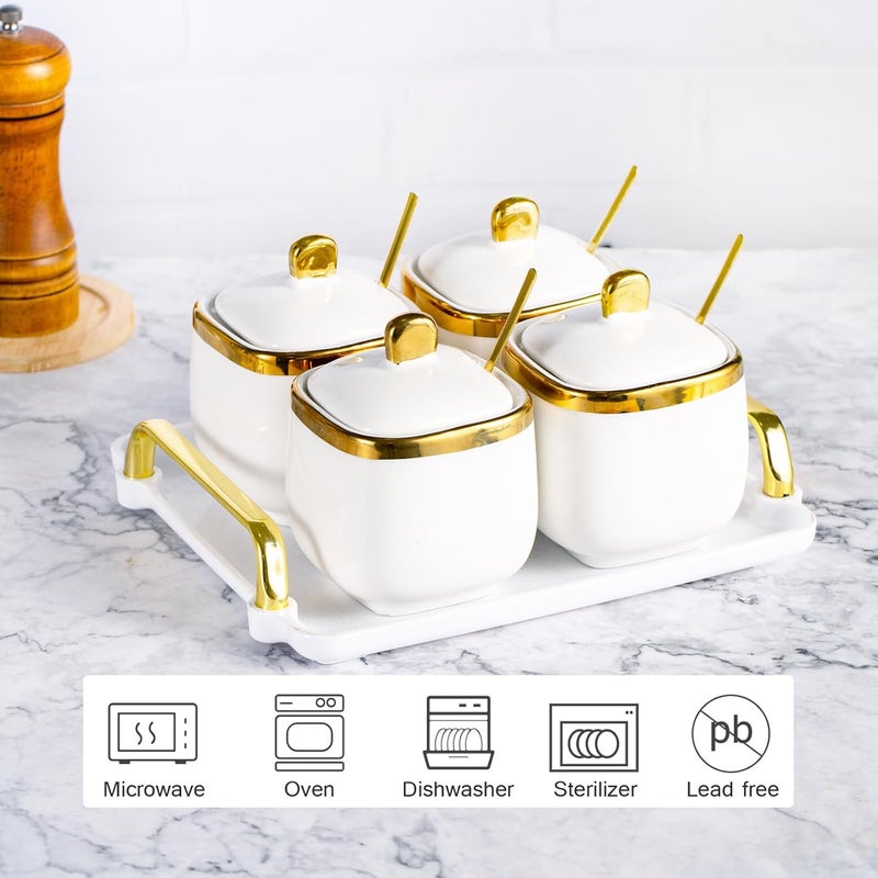 EABOSON 4 Pack Gold Condiment Spice Jars with Lids, Spoons, Tray - Ceramic Seasoning Box Set for Salt, Pepper, Sugar - Kitchen Storage - Image 3